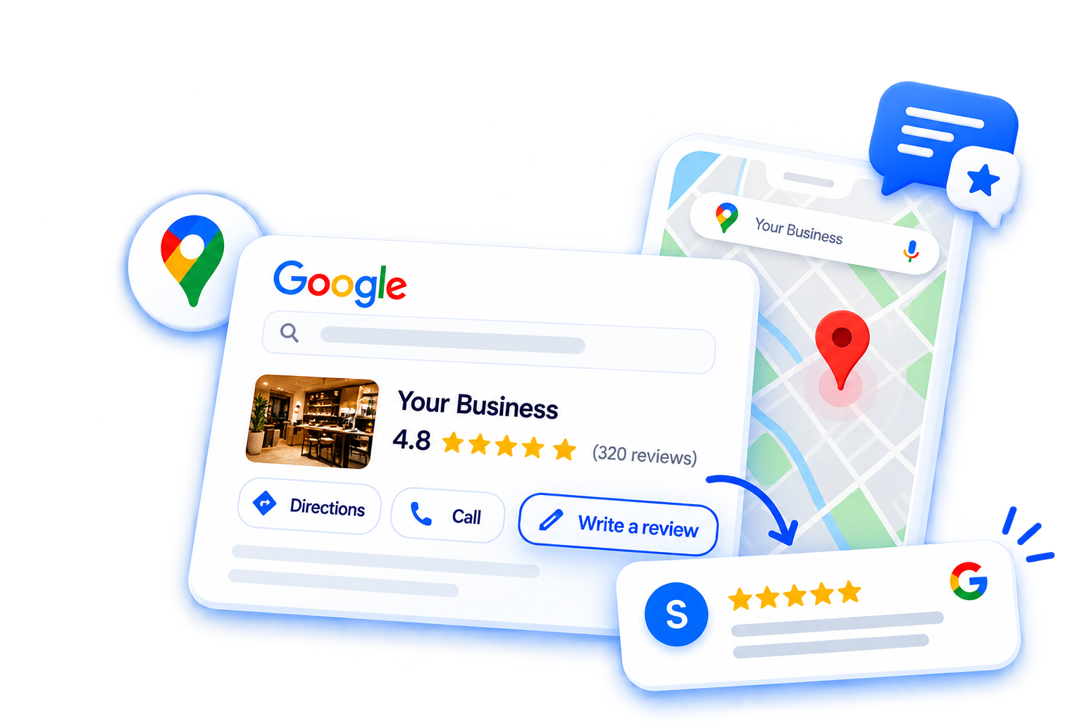 Google Business Profile review card with map and star rating